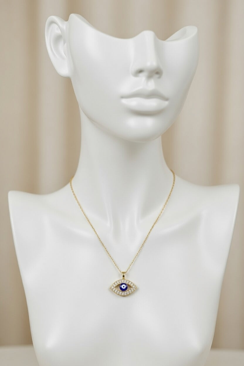 Gold Evil Eye Necklace for Women – Blue Nazar Protection Pendant with Crystal Detail