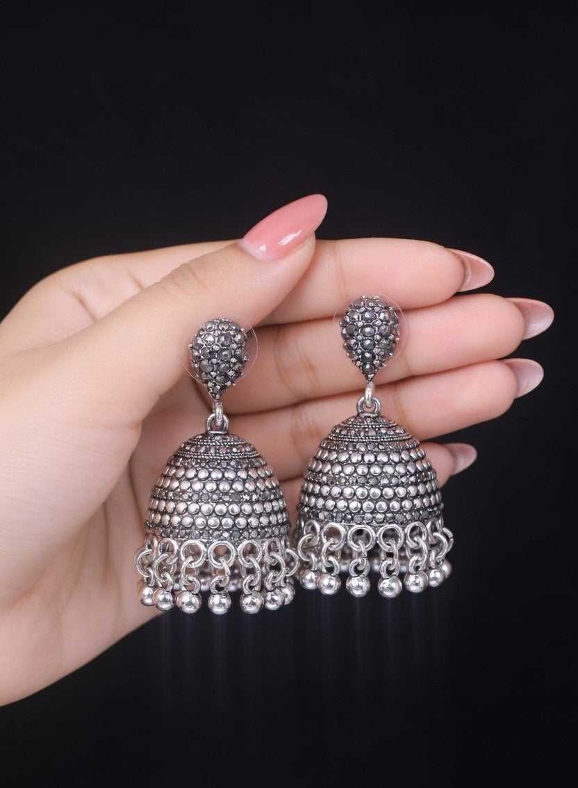 Oxidised Gold Plated Traditional Dome Jhumkas with Sparkling Black Stones