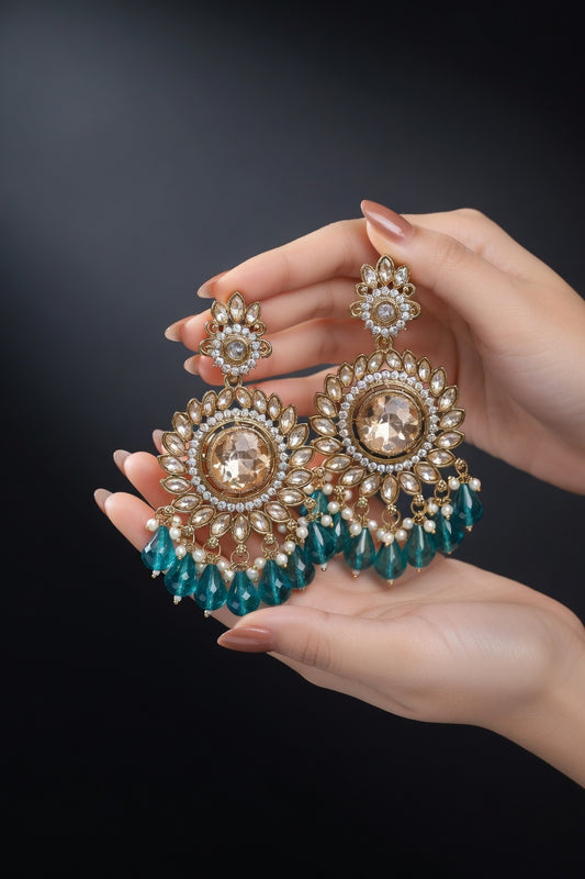 Teal Blue & Champagne Gold Statement Kundan Earrings