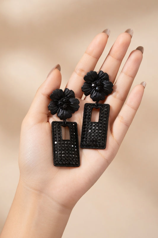 Black Floral Statement Earrings for Women