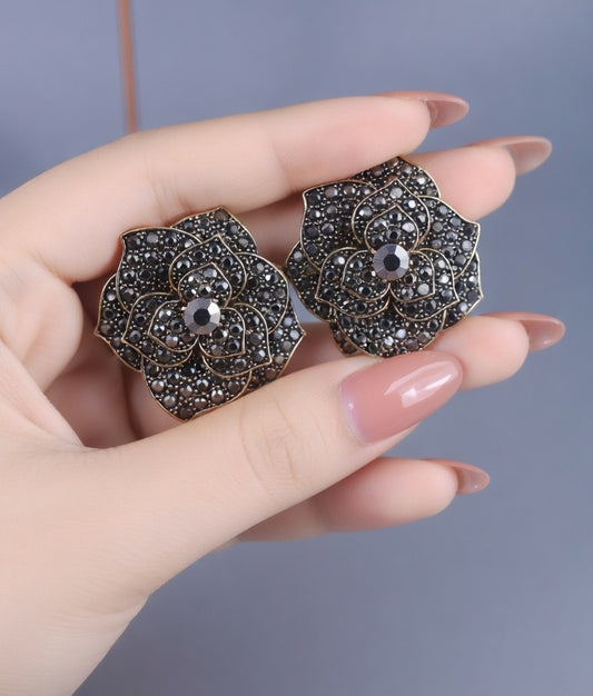 Black Floral Statement Stud Earrings for Women