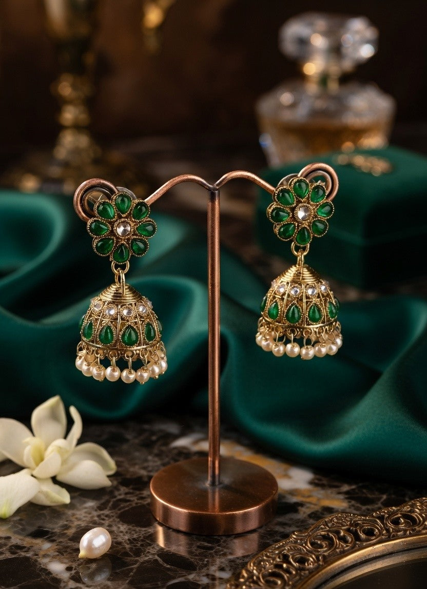Artificial Pink & Green Small Jhumka Earrings with Pearl Drops