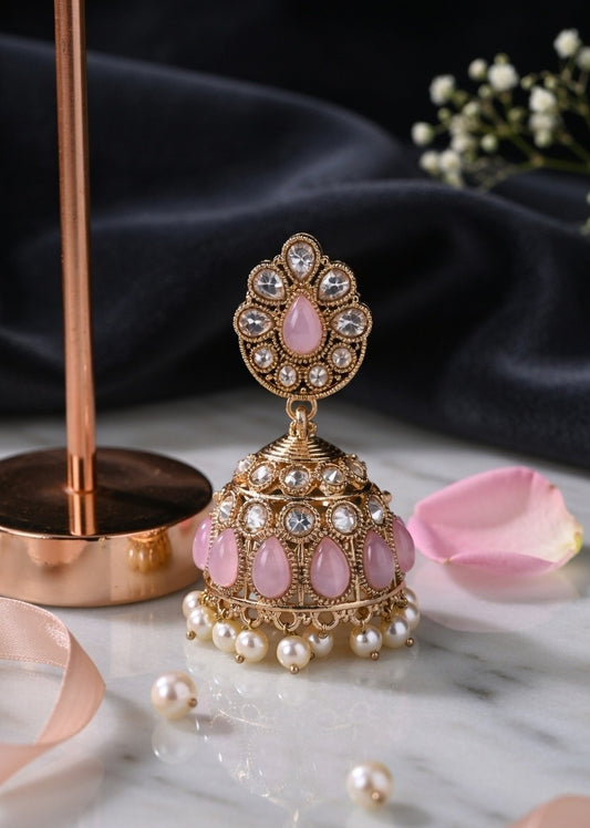 Elegant Green & Pink Stone Pearl Jhumka Earrings