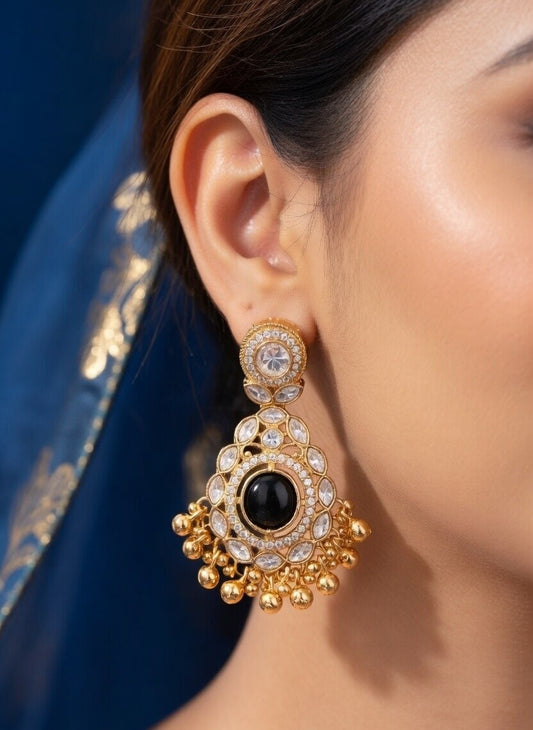 Gold Plated Kundan Chandbali Earrings with Pink & Green Stone