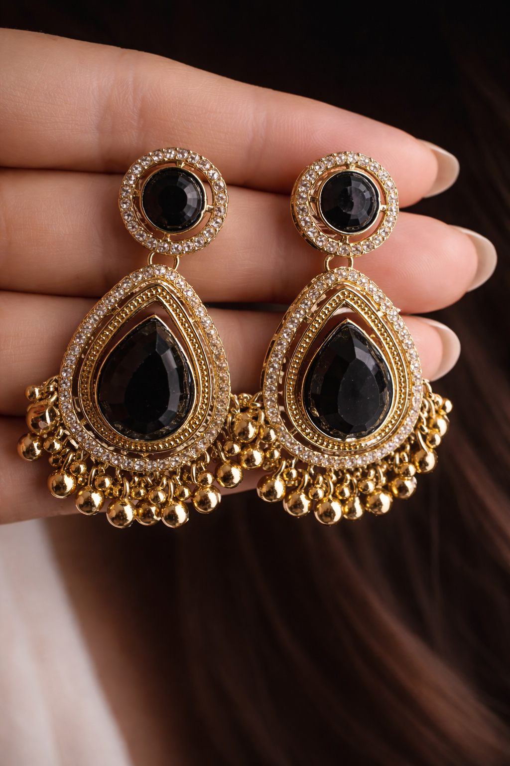 Black Stone Gold-Plated Jhumka Earrings for Women