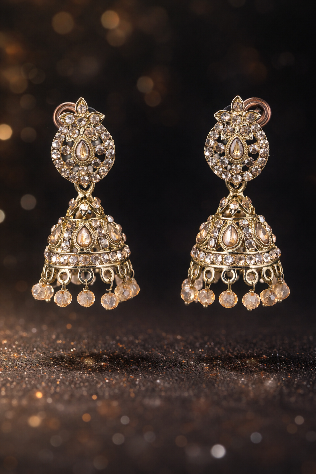 Elegant Polki Jhumka Earrings with Champagne Stone Drops