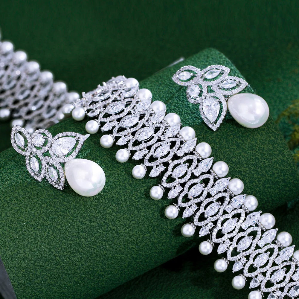 Luxury Jewellery Set Cubic Zirconia Crystal Pearl Necklace and Earrings Set