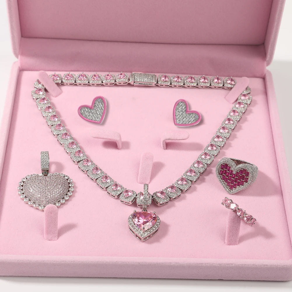 Necklace Heart Pendant Earrings Set Make a Wish Pink Cz Jewellery Sets for Woman