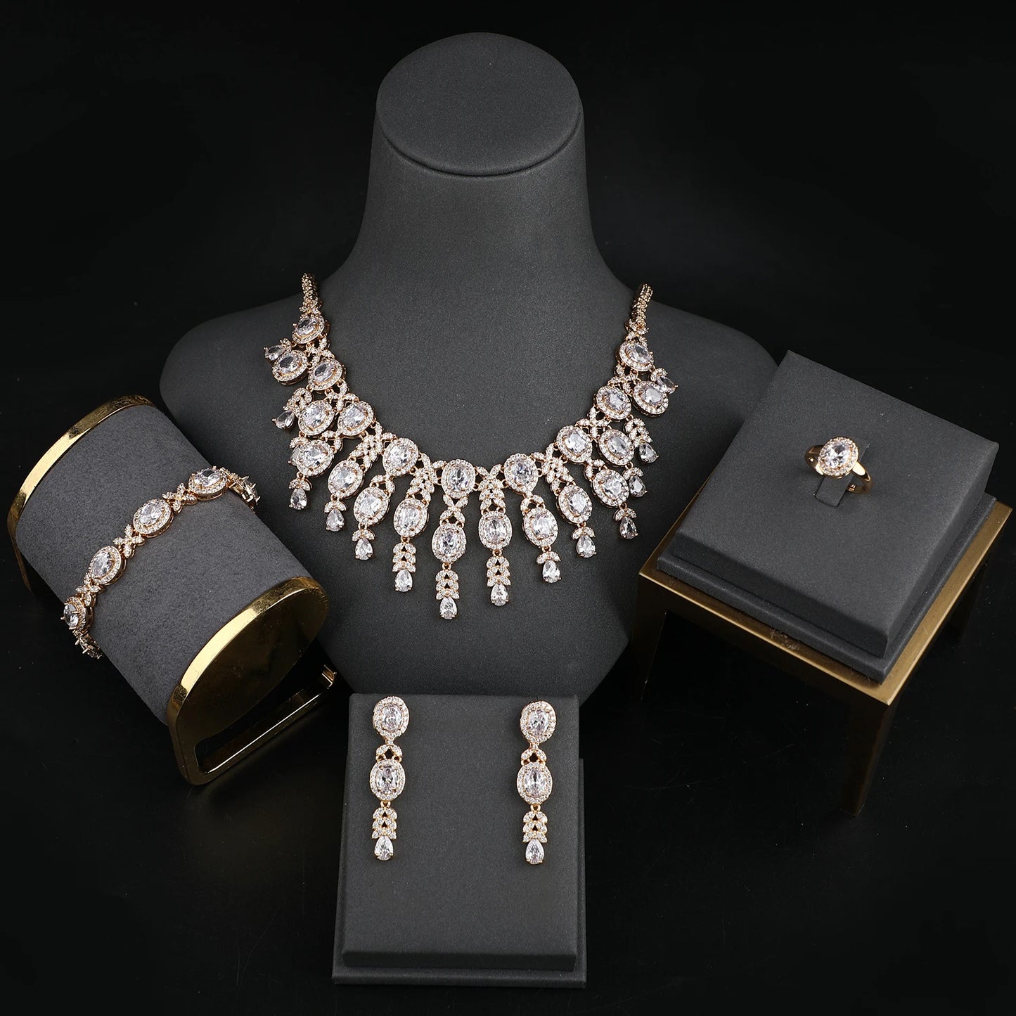 Classic Zircon Jewelry Set for Women – Necklace, Earrings, Ring & Bracelet