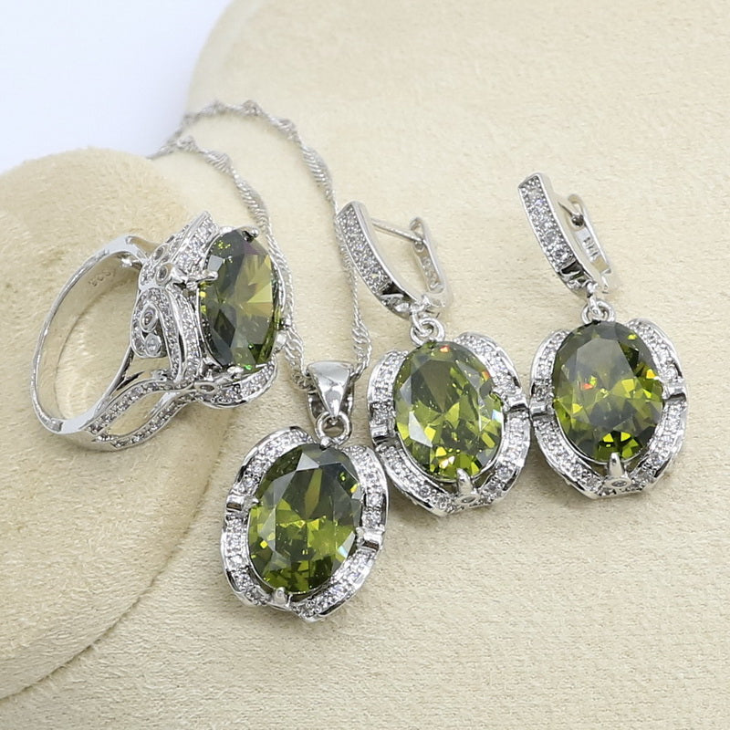 Silver Dubai Jewelry Set for Women With Bracelet Earrings Pendant Ring