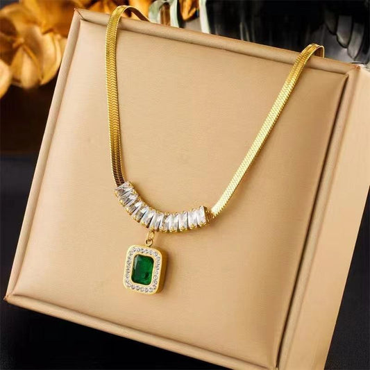 Anti Tarnish Black & Green Stone Necklace Set with Earrings