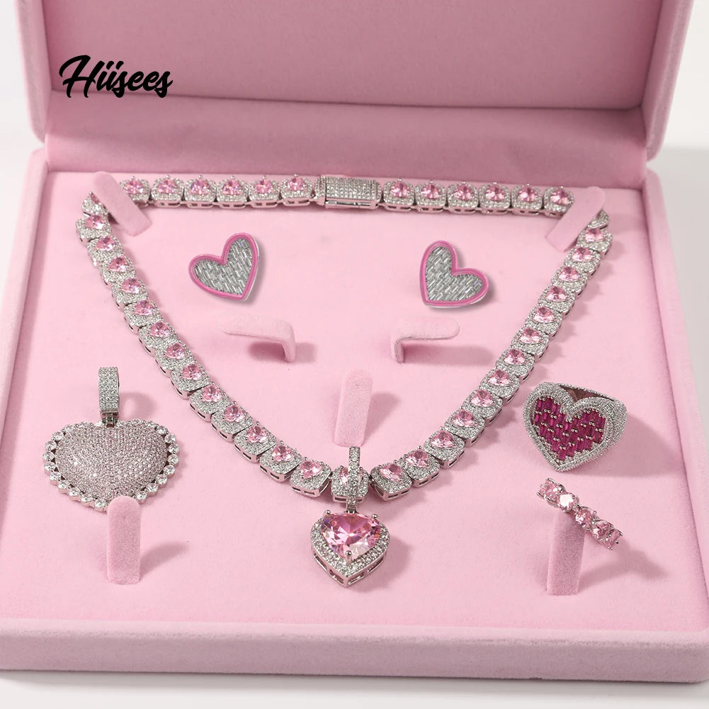 Necklace Heart Pendant Earrings Set Make a Wish Pink Cz Jewellery Sets for Woman