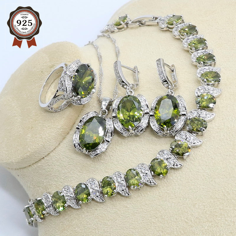 Silver Dubai Jewelry Set for Women With Bracelet Earrings Pendant Ring