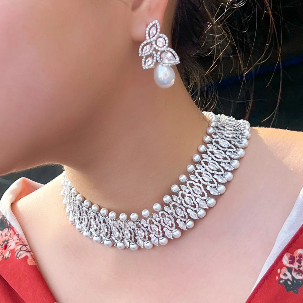 Luxury Jewellery Set Cubic Zirconia Crystal Pearl Necklace and Earrings Set