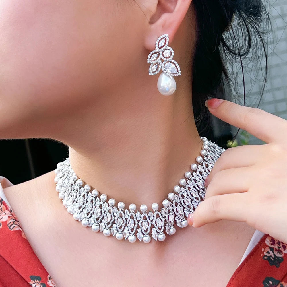 Luxury Jewellery Set Cubic Zirconia Crystal Pearl Necklace and Earrings Set