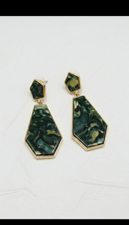 Green Marble Geometric Drop Earrings – Gold Finish