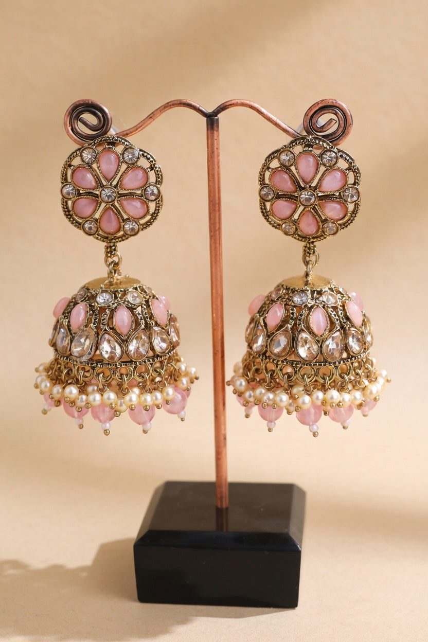 Pearl Kundan Jhumka Earrings for Women - Pink, Green, Red, Light Pink