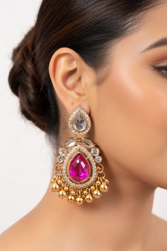 Green & Pink Kundan Jhumka Earrings for Women