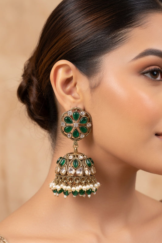 Pearl Kundan Jhumka Earrings for Women - Pink, Green, Red, Light Pink
