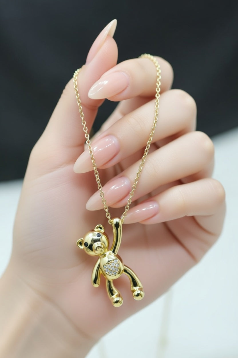 Gold Teddy Bear Pendant Necklace for Women
