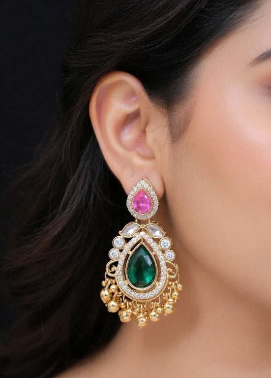 Artificial Pink Stone Kundan Drop Earrings for Women