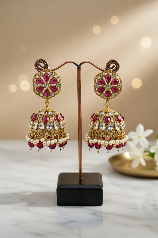 Ruby Kundan Pearl Jhumka Earrings