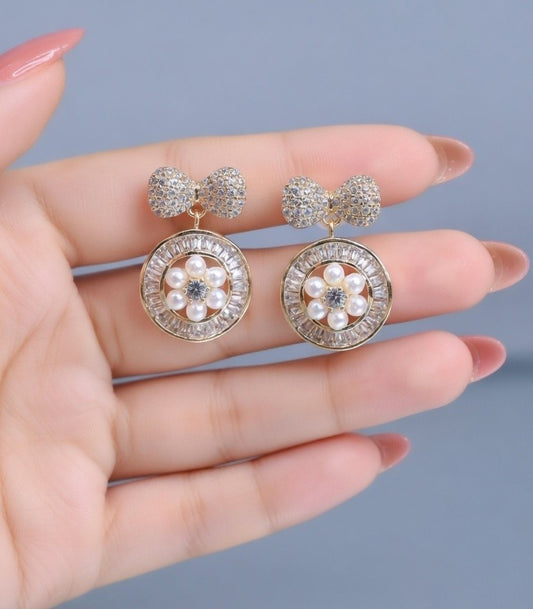 Elegant Pearl & Crystal Bow Drop Earrings for Women