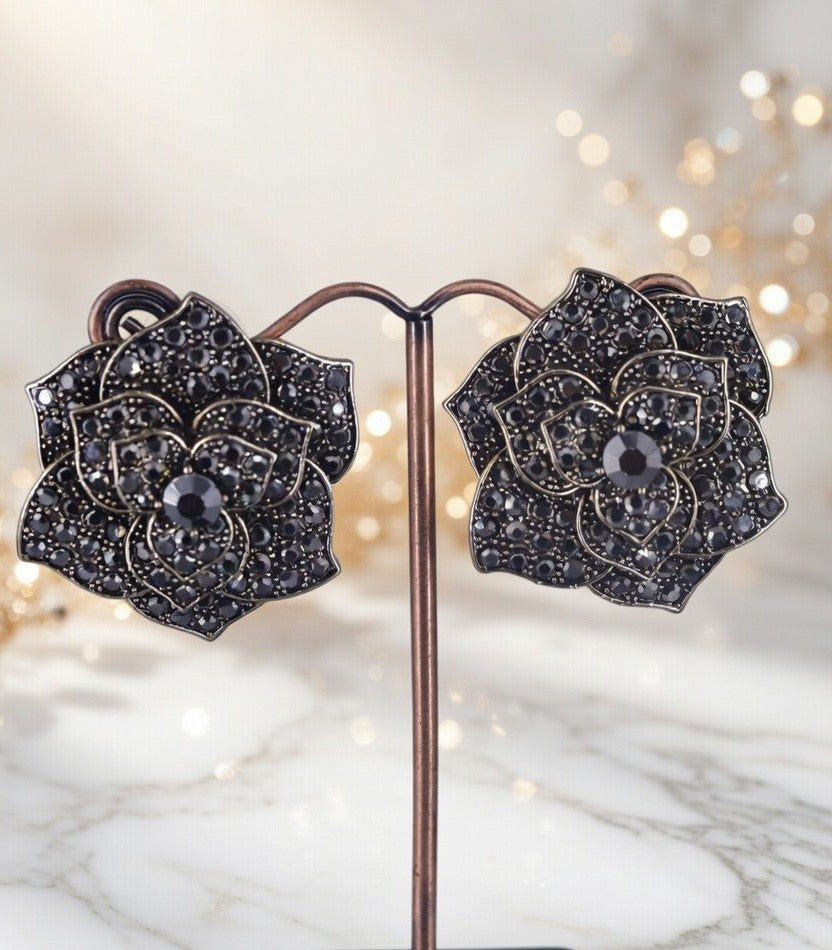 Black Floral Statement Stud Earrings for Women