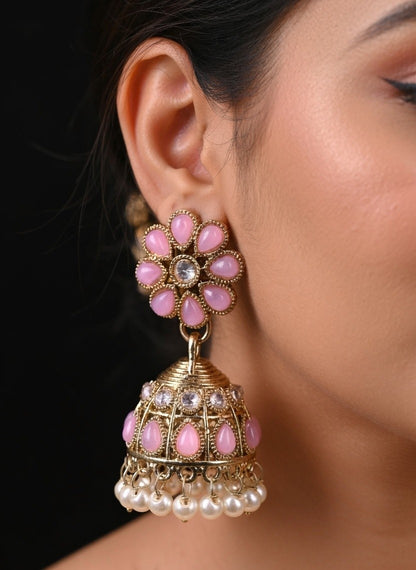 Artificial Pink & Green Small Jhumka Earrings with Pearl Drops