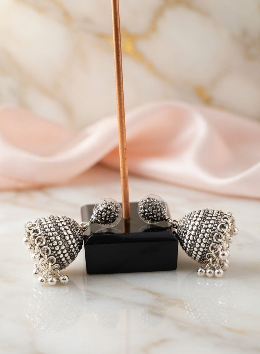 Oxidised Gold Plated Traditional Dome Jhumkas with Sparkling Black Stones
