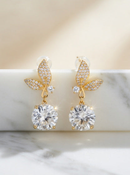Golden Leaf Drop Earrings with Oversized Round CZ