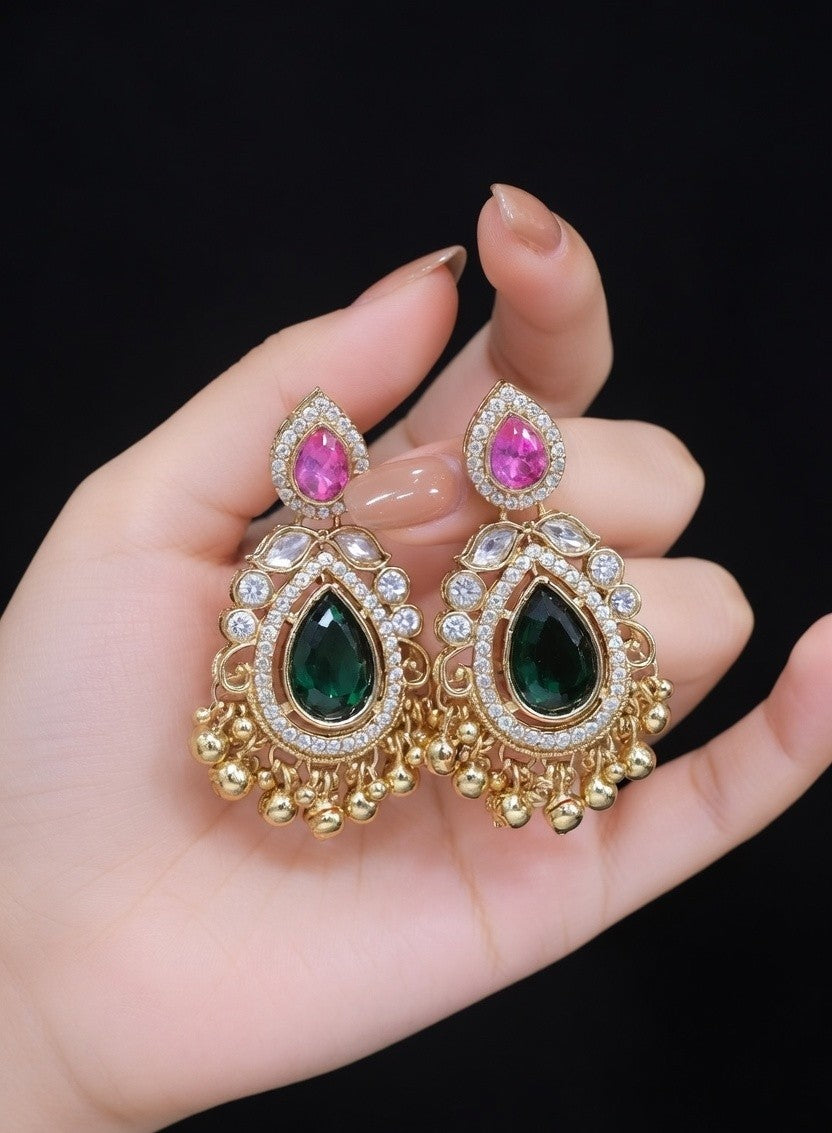 Artificial Pink Stone Kundan Drop Earrings for Women