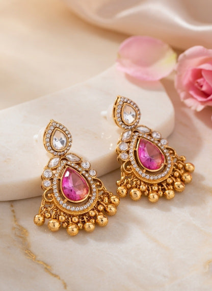 Artificial Pink Stone Kundan Drop Earrings for Women