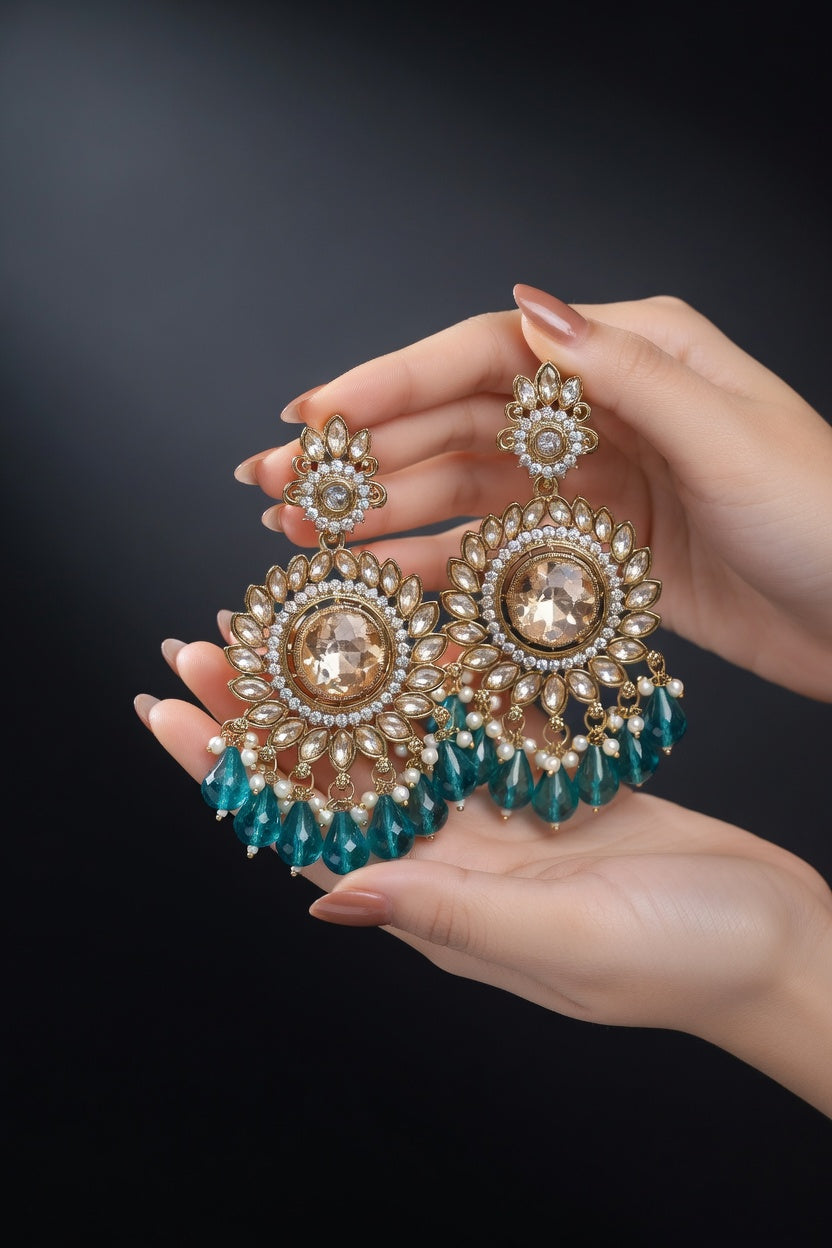 Teal Blue & Champagne Gold Statement Kundan Earrings