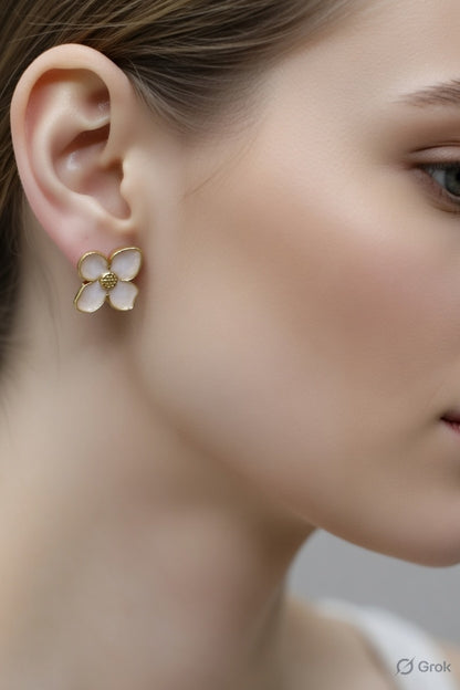Black & White Enamel Gold Flower Stud Earrings