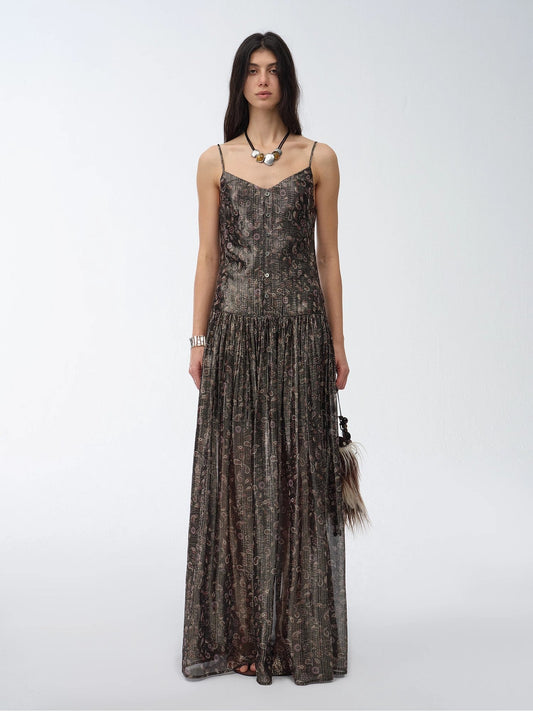 "Floating Lights" Retro Paisley Print Silk Holiday Sling Dress