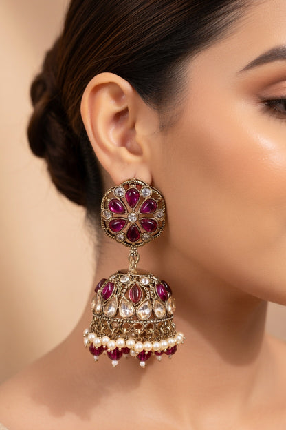 Pearl Kundan Jhumka Earrings for Women - Pink, Green, Red, Light Pink