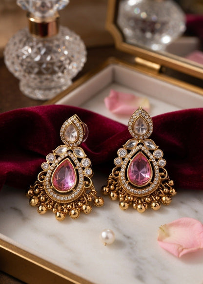 Artificial Pink Stone Kundan Drop Earrings for Women