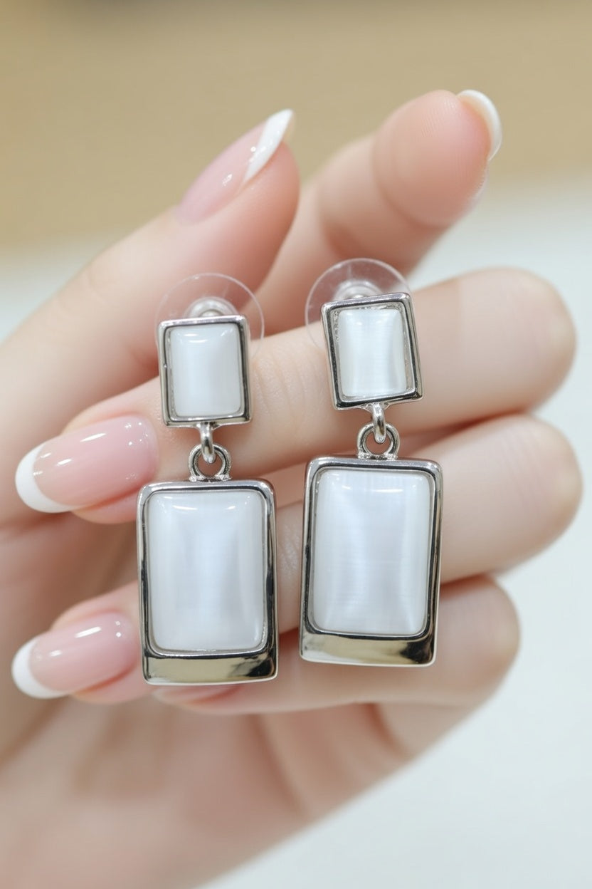Elegant White Stone Rectangle Drop Earrings for Women | Silver Finish Minimal Party Wear