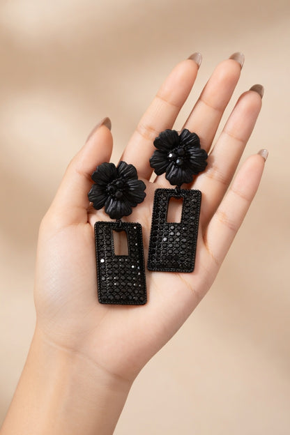Black Floral Statement Earrings for Women