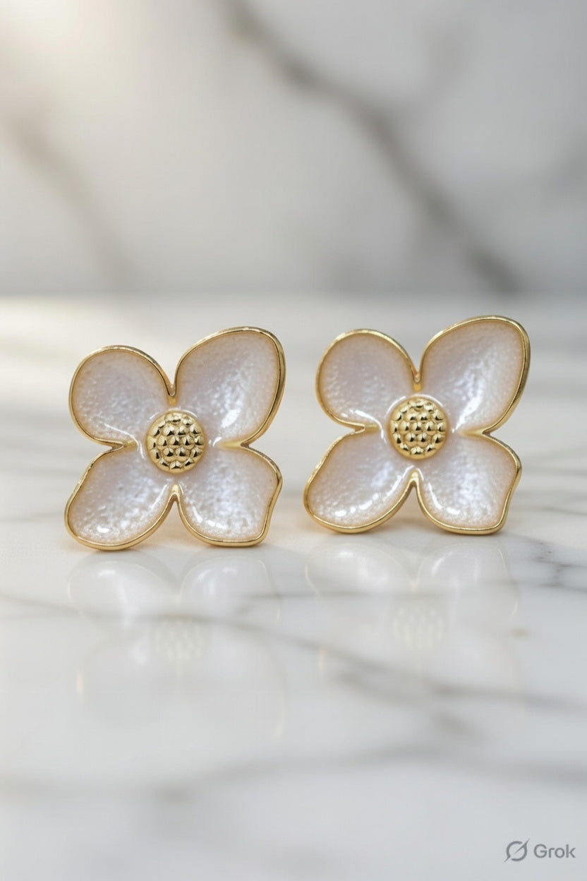 Black & White Enamel Gold Flower Stud Earrings