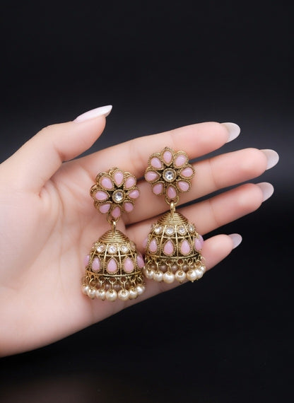Artificial Pink & Green Small Jhumka Earrings with Pearl Drops