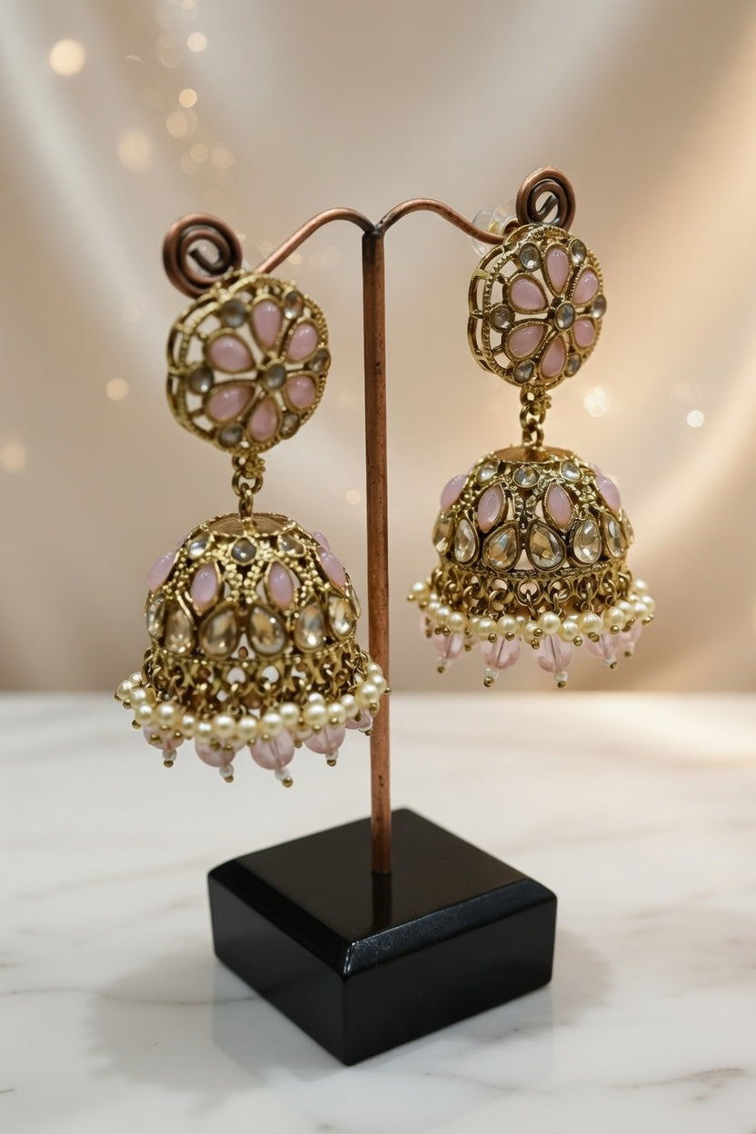 Ruby Kundan Pearl Jhumka Earrings