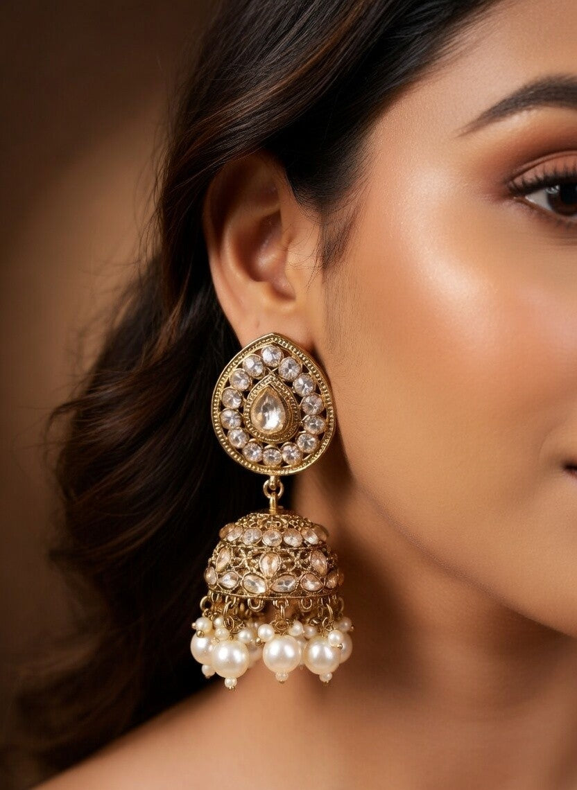 Traditional Artificial Kundan Jhumkas in Antique Gold with Pearl Tassels – Festive Ready