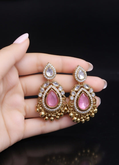 Artificial Pink Stone Kundan Drop Earrings for Women