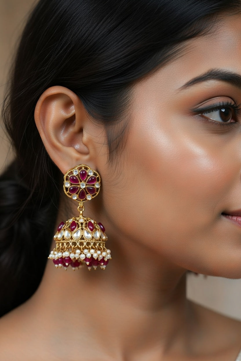 Ruby Kundan Pearl Jhumka Earrings