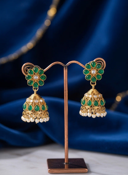 Artificial Pink & Green Small Jhumka Earrings with Pearl Drops