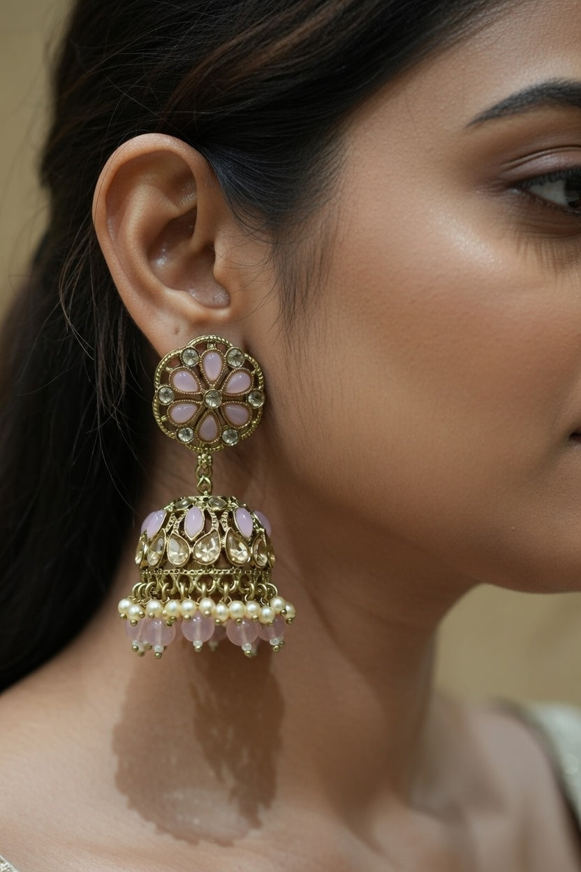 Ruby Kundan Pearl Jhumka Earrings