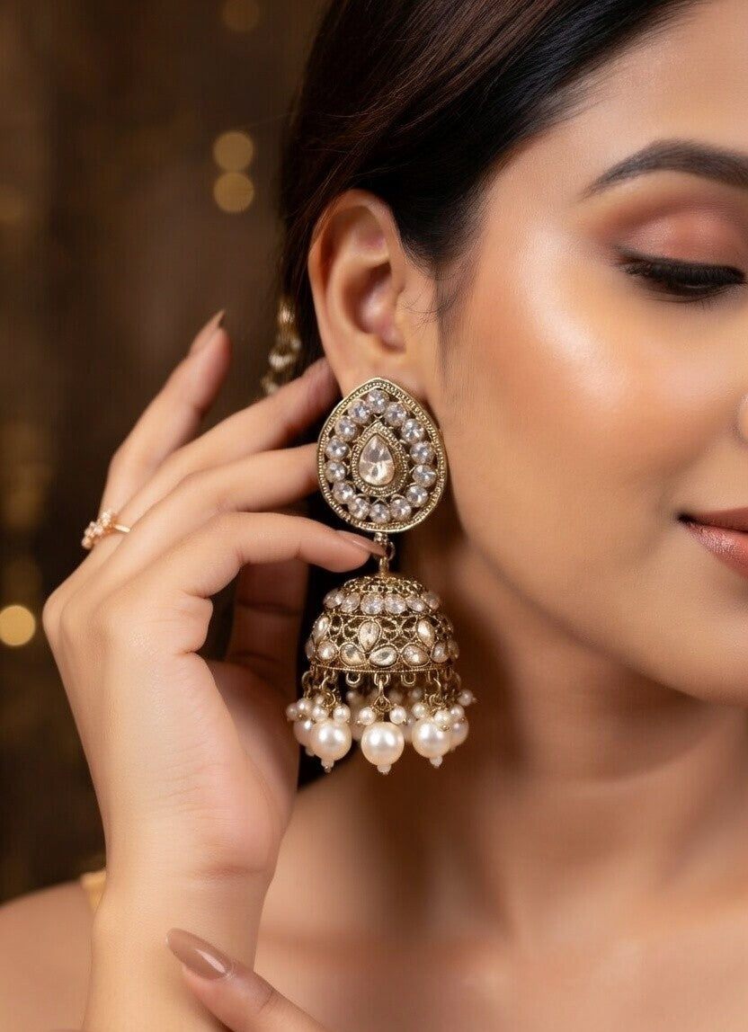 Traditional Artificial Kundan Jhumkas in Antique Gold with Pearl Tassels – Festive Ready
