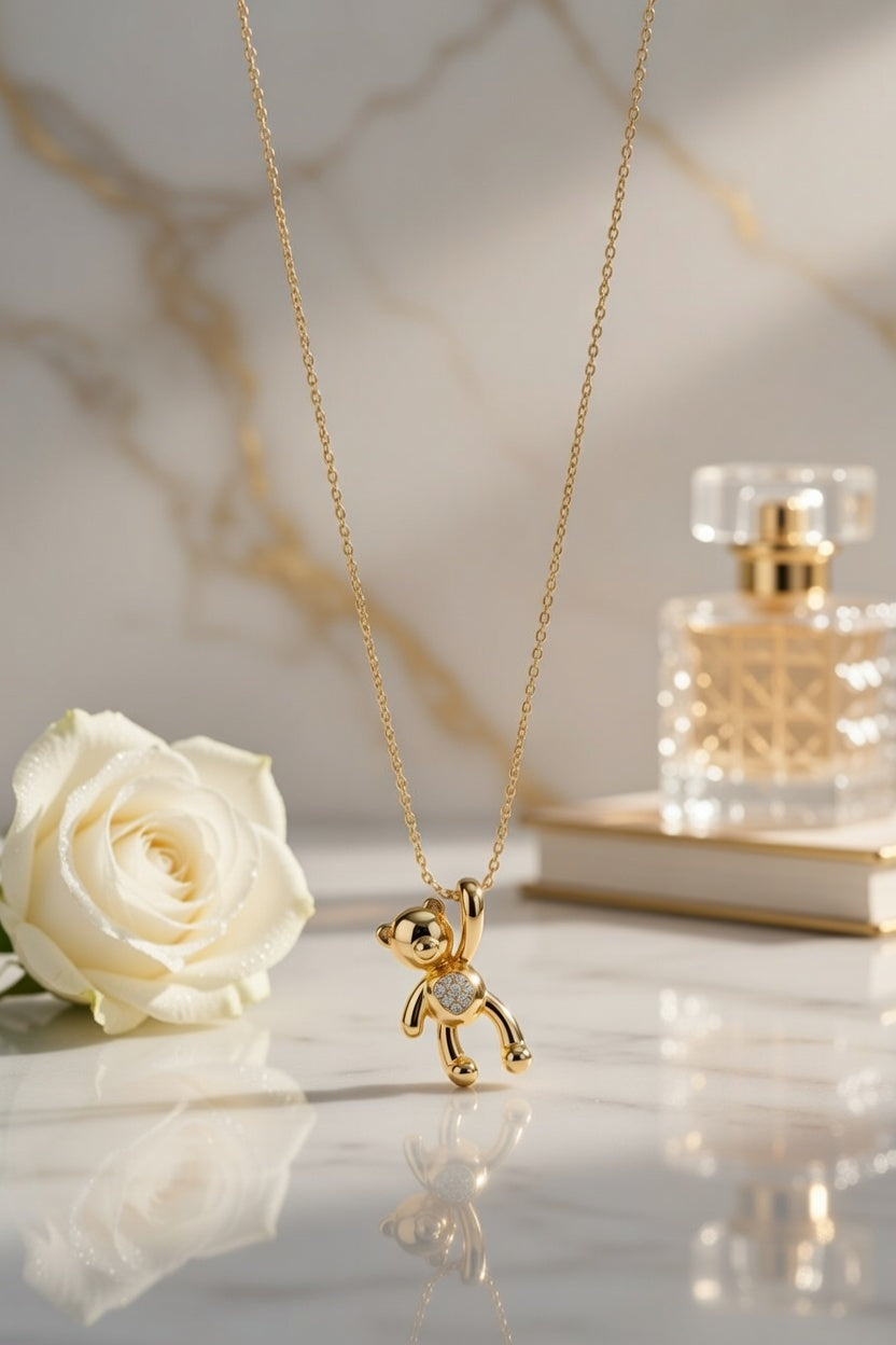 Gold Teddy Bear Pendant Necklace for Women